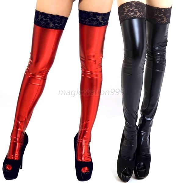 Sexy Womens Wet Look PU Leather Thigh High Stockings Lace Stay Up Colors M
